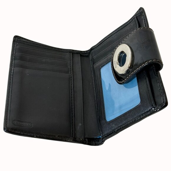 Coach Black Patent Leather Wallet Trifold Turnlock Closure Embossed Signature - Picture 3 of 16